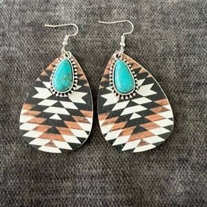 Aztec Pattern Wooden Earrings with Vintage Silver Faux‎ Turquoise Stone NEW